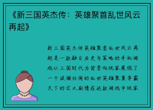 《新三国英杰传:英雄聚首乱世风云再起》 《新三国英杰传:英雄聚首乱世风云再起》