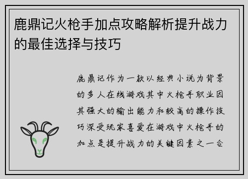 鹿鼎记火枪手加点攻略解析提升战力的最佳选择与技巧